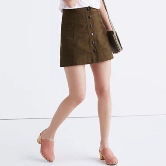 Madewell Metropolis Snap Skirt Size 8 Olive Green Snap Front A-Line Cotton Mini - Picture 1 of 9